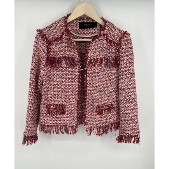 ZARA Red Tweed Blazer Jacket Women’s Size Medium Frayed Fringe Trim - Picture 1 of 3